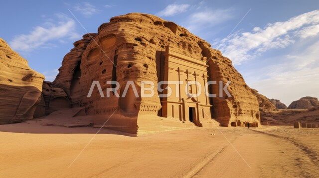 التضاريس و المرتفعات والقمم الجبلية في البراري، مناطق البادية والبيئة الطبيعية الصحراوية،  الهضاب و التلال من الرمال الناعمة الذهبية، التكوينات والتشكلات الصخرية في العلا، السماء الزرقاء والغيوم