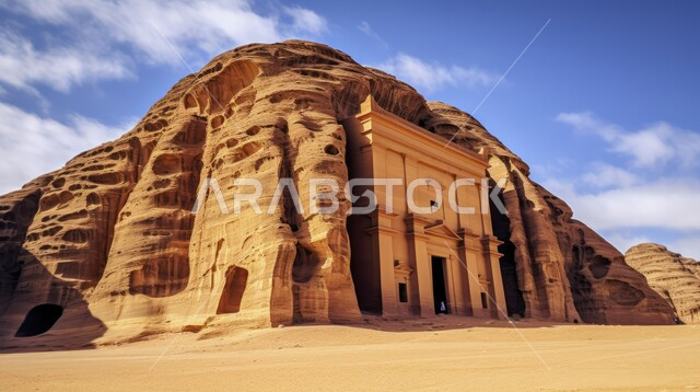 التضاريس و المرتفعات والقمم الجبلية في البراري، مناطق البادية والبيئة الطبيعية الصحراوية،  الهضاب و التلال من الرمال الناعمة الذهبية، التكوينات والتشكلات الصخرية في العلا، السماء الزرقاء والغيوم