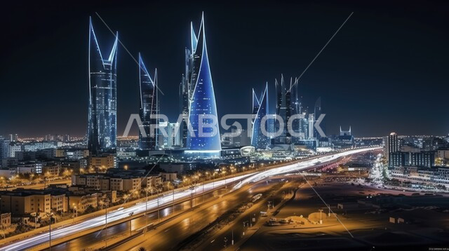 منظر تخيلي للأبراج وناطحات السحاب المضيئة ليلاً، الفن الهندسي المعماري في البناء على الطراز الحديث، المعالم السياحية المشهورة في بالمملكة العربية السعودية, مفهوم التطور و التقدم العمراني, رؤية مستقبلية سعودية 2030