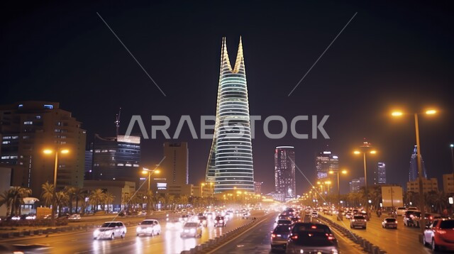 منظر تخيلي للأبراج وناطحات السحاب المضيئة ليلاً، الفن الهندسي المعماري في البناء على الطراز الحديث، المعالم السياحية المشهورة في بالمملكة العربية السعودية, مفهوم التطور و التقدم العمراني, رؤية مستقبلية سعودية 2030