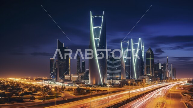 الفن الهندسي المعماري في البناء على الطراز الحديث، المعالم السياحية المشهورة في بالمملكة العربية السعودية, مفهوم التطور و التقدم العمراني, رؤية مستقبلية سعودية 2030, منظر تخيلي للأبراج وناطحات السحاب المضيئة ليلاً