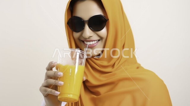 تناول المشروبات الباردة الصيفية، عصائر طبيعية منعشة، صورة مقربه لسيدة عربية خليجية سعودية ترتدي حجاب، إيماءات السرور والاستمتاع بالمشروب، خلفية غير ملونة، قيمة غذائية عالية