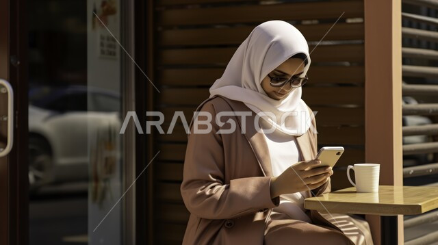 تناول المشروبات الدافئة، تسليه وترفيه في مقاهي المملكه السعوديه، صورة مقربه لسيدة عربية خليجية ترتدي حجاب، الإستمتاع بشرب القهوه في أجواء هادئه، قضاء وقت ممتع خارج المنزل