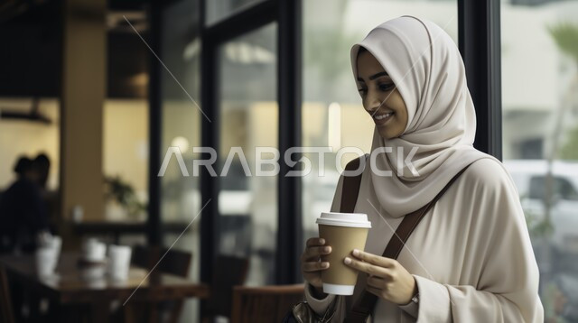 تناول المشروبات الدافئة، تسليه وترفيه في مقاهي المملكه السعوديه، صورة مقربه لسيدة عربية خليجية ترتدي حجاب، الإستمتاع بشرب القهوه في أجواء هادئه، قضاء وقت ممتع خارج المنزل