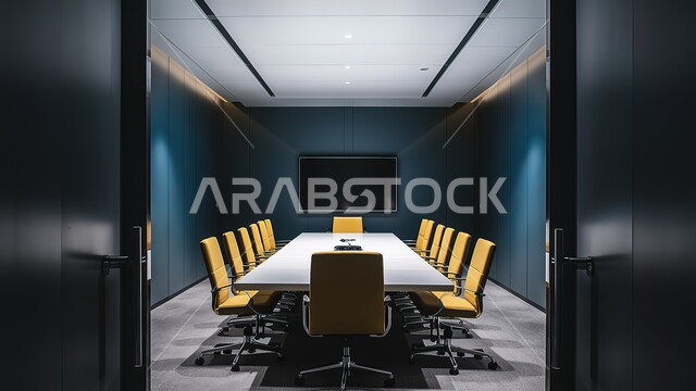 التصميم العصري الحديث للمكاتب في الشركات السعودية، غرف كبيرة تحوي ديكورات داخلية فخمة ويسيطة، قاعة للاجتماعات واسعة مع طاولة محاطة بالمقاعد المريحة، البيئة الهادئة والمركزة