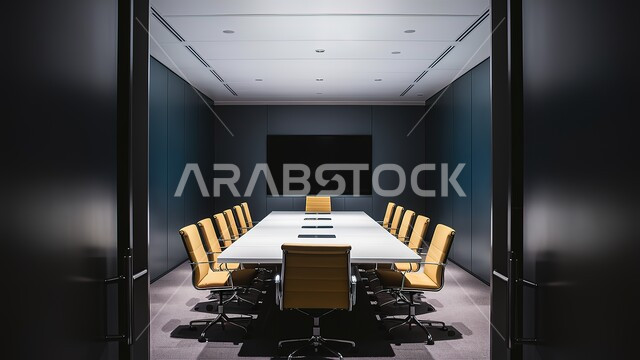 التصميم العصري الحديث للمكاتب في الشركات السعودية، غرف كبيرة تحوي ديكورات داخلية فخمة ويسيطة، قاعة للاجتماعات واسعة مع طاولة محاطة بالمقاعد المريحة، البيئة الهادئة والمركزة
