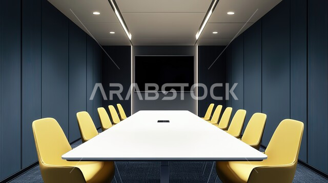 التصميم العصري الحديث للمكاتب في الشركات السعودية، غرف كبيرة تحوي ديكورات داخلية فخمة ويسيطة، قاعة للاجتماعات واسعة مع طاولة محاطة بالمقاعد المريحة، البيئة الهادئة والمركزة
