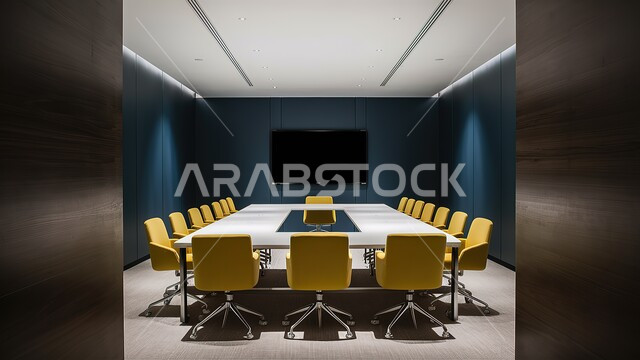 التصميم العصري الحديث للمكاتب في الشركات السعودية، غرف كبيرة تحوي ديكورات داخلية فخمة ويسيطة، قاعة للاجتماعات واسعة مع طاولة محاطة بالمقاعد المريحة، البيئة الهادئة والمركزة