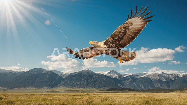 العناية والاهتمام بالحيوانات، حدة بصر الطيور الجارحة، صورة مقربة لتحليق النسر العربي في السماء فوق المناطق الصحراوية والرمال الذهبية، الحياة البرية في المملكة السعودية