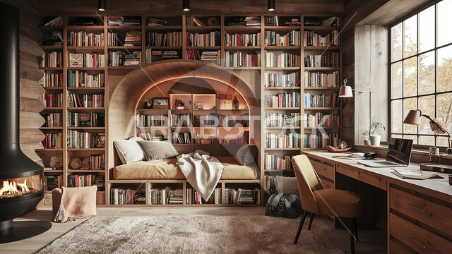 منزل داخلي مريح تصميم داخلي أنيق لغرفة معيشة مع رفوف كتب ومساحة عمل، أثاث مريح باللون البني، رفوف خشبية مليئة بالكتب، غرفة مكتبية بتصاميم عصرية فاخرة، تحف واكسسوارات راقية ومميزة، فنون الهندسة والديكور الداخلي
