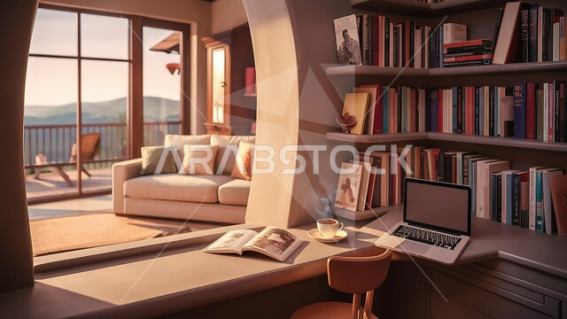 منزل داخلي مريح تصميم داخلي أنيق لغرفة معيشة مع رفوف كتب ومساحة عمل، أثاث مريح باللون البني، رفوف خشبية مليئة بالكتب، غرفة مكتبية بتصاميم عصرية فاخرة، تحف واكسسوارات راقية ومميزة، فنون الهندسة والديكور الداخلي