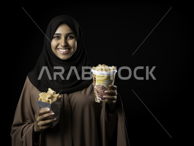 الاستعداد للذهاب الى السينما لرؤية الفيلم المفضل، التسلية والترفيه بقضاء أوقات ممتعة، بورتريه لامرأة عربية خليجية سعودية محجبة ترتدي عباءه بيج تحمل كيس فوشار وكأس من المشروب الغازي، النظر الى الكاميرا بايماءات الفرح والسعادة، خلفية سوداء