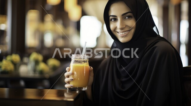 عصائر طبيعية منعشة، تناول المشروبات الباردة الصيفية، صورة مقربه لسيدة عربية خليجية سعودية ترتدي حجاب، إيماءات السرور والاستمتاع بالمشروب، قيمة غذائية عالية، قضاء الوقت الممتع 