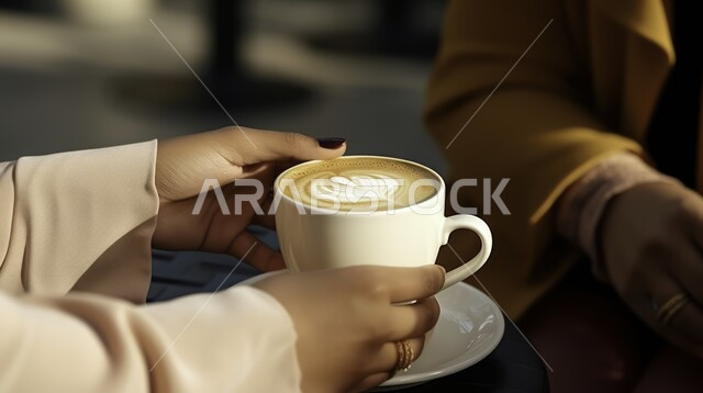 حبات البن الطازجة المطحونة، صورة مقربة من الأعلى ليدين إمرأه تمسك بفنجان القهوة برغوة كثيفة، مشروب الكابتشينو الساخن، كوب دافئ لذيذ مع الرسومات