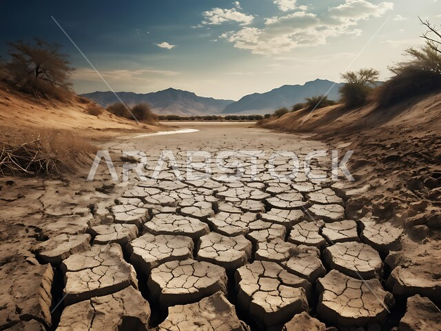 مفهوم الإحتباس الحراري، البيئة الصحراوية القاحلة، صورة مقربة لأرض طينية متشققة في موسم الجفاف، نتائج الكوارث الطبيعية والهزات الأرضية، المناطق الصحراوية الجافة, تغير المناخ والعوامل الطبيعية, خلفيات الطبيعة .