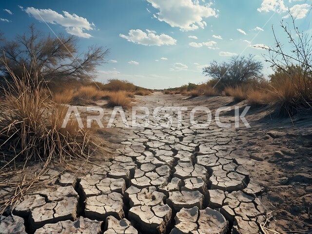 مفهوم الإحتباس الحراري، البيئة الصحراوية القاحلة، صورة مقربة لأرض طينية متشققة في موسم الجفاف، نتائج الكوارث الطبيعية والهزات الأرضية، المناطق الصحراوية الجافة, تغير المناخ والعوامل الطبيعية, خلفيات الطبيعة .