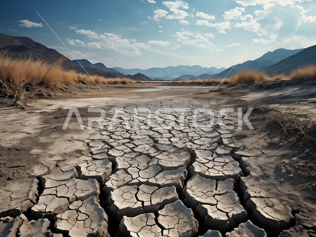 مفهوم الإحتباس الحراري، البيئة الصحراوية القاحلة، صورة مقربة لأرض طينية متشققة في موسم الجفاف، نتائج الكوارث الطبيعية والهزات الأرضية، المناطق الصحراوية الجافة, تغير المناخ والعوامل الطبيعية, خلفيات الطبيعة .