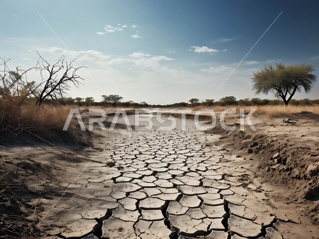 مفهوم الإحتباس الحراري، البيئة الصحراوية القاحلة، صورة مقربة لأرض طينية متشققة في موسم الجفاف، نتائج الكوارث الطبيعية والهزات الأرضية، المناطق الصحراوية الجافة, تغير المناخ والعوامل الطبيعية, خلفيات الطبيعة .
