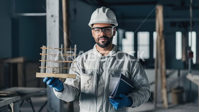 Implementation of engineering plans in the Kingdom of Saudi Arabia, concept of engineering and architectural construction, working in the Saudi engineering sector, close-up of a Saudi Arabian Gulf architect wearing a protective helmet and jacket holding a project model in his hand and looking at the camera with confidence, background of a site under construction