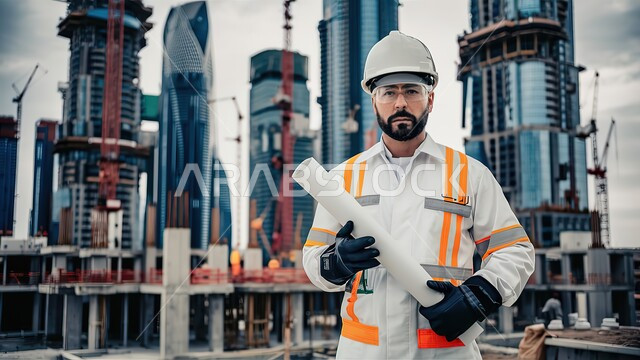 العمل في القطاع الهندسي السعودي, صورة مقربة لمهندس معماري عربي خليجي سعودي يرتدي خوذة الحماية والسترة يحمل بيده مخطط المشروع ويقف بإيماءات الثقة بالنفس, تنفيذ الخطط الهندسية في المملكة العربية السعودية, مفهوم الهندسة والانشاءات المعمارية, خلفية موقع قيد البناء