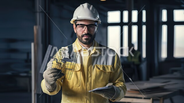 تشييد المباني والبنية التحتية الحديثة,  العمل في القطاع الهندسي, صورة مقربة لمهندس معماري عربي خليجي سعودي يرتدي خوذة الحماية يحمل بيده مخطط المشروع بثقة بالنفس, تنفيذ الخطط الهندسية في السعودية, مفهوم الهندسة والانشاءات المعمارية, خلفية موقع قيد البناء