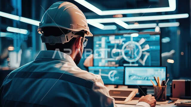 رسم المشروع بتقنيات حديثة, صورة مقربة من الخلف لمهندس عربي خليجي سعودي يرتدي خوذة الحماية يستخدم الأدوات والمعدات الهندسية ويعمل على جهاز الحاسوب. مهن ووظائف مكتبية سعودية, دمج العمل مع التقنية والتكنولوجية, خلفية مخطط التصميم الهندسي