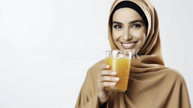 مشروبات طبيعية منعشة، بورتريه لفتاة عربية خليجية سعودية محجبة ترتدي العباءة الملونة تمسك بيدها كأس العصير, مشاريب صحية ومفيدة ومغذية، عصائر باردة لذيذة، ثمار ومحاصيل زراعية وطنية محلية سعودية، خلفية بيضاء