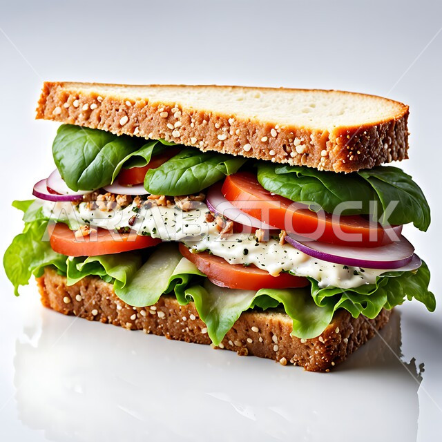 ساندويتش شهي متعدد الطبقات مع الطماطم الطازجة والخضار،سناكات خفيفة بين الوجبات، وجبات وأطعمة لذيذة مليئة بالبروتينات الصحية، اتباع الحميات الغذائية، طبق مفيد وصحي وسريع ، وجبة فطور صباحية، خلفية سوداء 