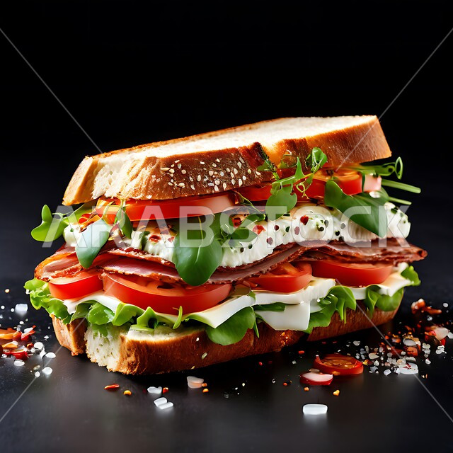 ساندويتش شهي متعدد الطبقات مع الطماطم الطازجة والخضار،سناكات خفيفة بين الوجبات، وجبات وأطعمة لذيذة مليئة بالبروتينات الصحية، اتباع الحميات الغذائية، طبق مفيد وصحي وسريع ، وجبة فطور صباحية، خلفية بيضاء