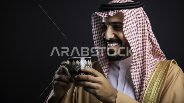 Adhering to the noble values inherited from our ancestors, the concept of hospitality and good reception, authentic Saudi customs and traditions, a close-up photo of a Saudi Gulf Arab man wearing a shemagh and traditional thobe, holding a cup of Arabic coffee in his hand, enjoying hot drinks.