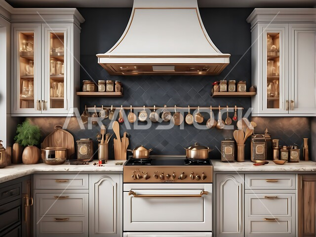 Villas and apartments in Saudi Arabia, kitchen with luxurious modern interior decorations, modern distinctive architectural arts, use of high-end artistic style in home furniture