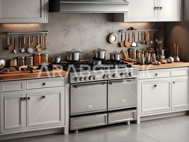 Villas and apartments in Saudi Arabia, kitchen with luxurious modern interior decorations, modern distinctive architectural arts, use of high-end artistic style in home furniture