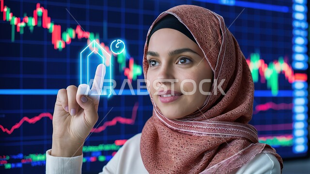 خلفية هولوجرامية ثلاثية الأبعاد، متابعة الرسوم البيانيه على الشاشات الالكترونيه المضيئه، إمرأة عربية خليجية سعودية تقوم بمراقبة ارتفاع وانخفاض الأسهم في سوق البورصه، دمج التكنولوجيا المتطورة مع العمل, تداول العملة الرقمية