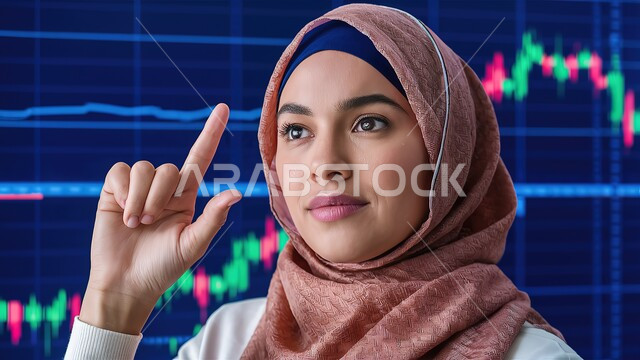 خلفية هولوجرامية ثلاثية الأبعاد، متابعة الرسوم البيانيه على الشاشات الالكترونيه المضيئه، إمرأة عربية خليجية سعودية تقوم بمراقبة ارتفاع وانخفاض الأسهم في سوق البورصه، دمج التكنولوجيا المتطورة مع العمل, تداول العملة الرقمية