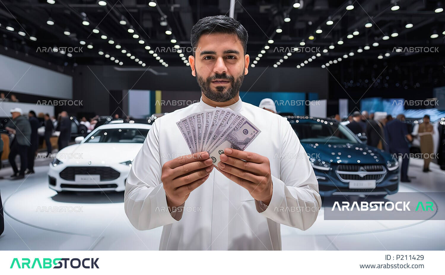 A picture of a Saudi Arabian Gulf man holding banknotes in his hands as ...