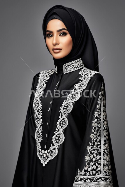 موديلات خليجية بتصاميم متنوعة، مفهوم الأناقة والأنوثة، حجابات اسلامية راقية، إمرأه عربية سعودية  ترتدي العباءة والحجاب تنظر الى الكاميرا بايماءات الجدية والثقة بالنفس، الأزياء العصرية التقليدية، الاهتمام بالمظهر الخارجي