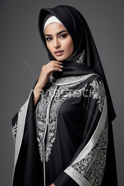 موديلات خليجية بتصاميم متنوعة، مفهوم الأناقة والأنوثة، حجابات اسلامية راقية، إمرأه عربية سعودية  ترتدي العباءة والحجاب تنظر الى الكاميرا بايماءات الجدية والثقة بالنفس، الأزياء العصرية التقليدية، الاهتمام بالمظهر الخارجي