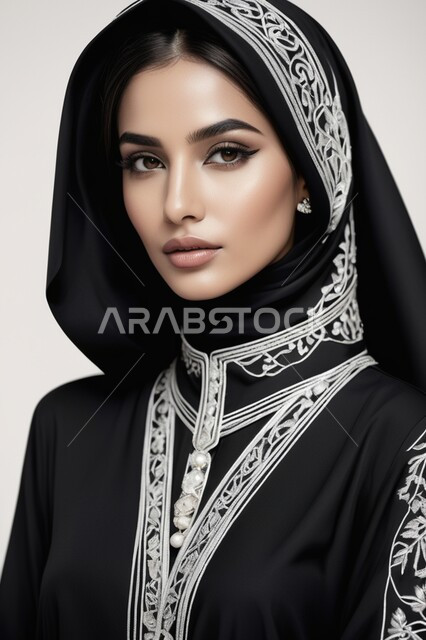 موديلات خليجية بتصاميم متنوعة، مفهوم الأناقة والأنوثة، حجابات اسلامية راقية، إمرأه عربية سعودية  ترتدي العباءة والحجاب تنظر الى الكاميرا بايماءات الجدية والثقة بالنفس، الأزياء العصرية التقليدية، الاهتمام بالمظهر الخارجي