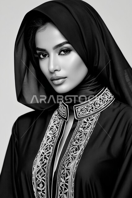 موديلات خليجية بتصاميم متنوعة، مفهوم الأناقة والأنوثة، حجابات اسلامية راقية، إمرأه عربية سعودية  ترتدي العباءة والحجاب تنظر الى الكاميرا بايماءات الجدية والثقة بالنفس، الأزياء العصرية التقليدية، الاهتمام بالمظهر الخارجي