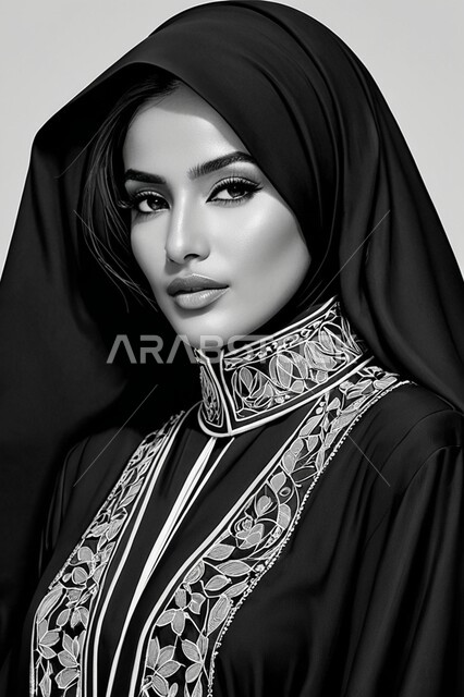 الاهتمام بالمظهر الخارجي،  مفهوم الأناقة والأنوثة، حجابات اسلامية راقية،  إمرأه عربية سعودية  ترتدي العباءة والحجاب تنظر الى الكاميرا بايماءات الجدية والثقة بالنفس، الأزياء العصرية التقليدية، موديلات خليجية بتصاميم متنوعة