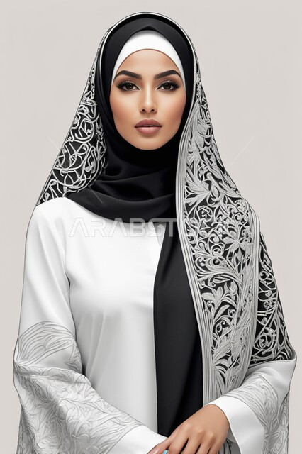 Paying attention to external appearance, the concept of elegance and femininity, sophisticated Islamic veils, a Saudi Arab woman wearing the abaya and hijab looking at the camera with gestures of seriousness and self-confidence, traditional modern fashion, Gulf models with various designs.