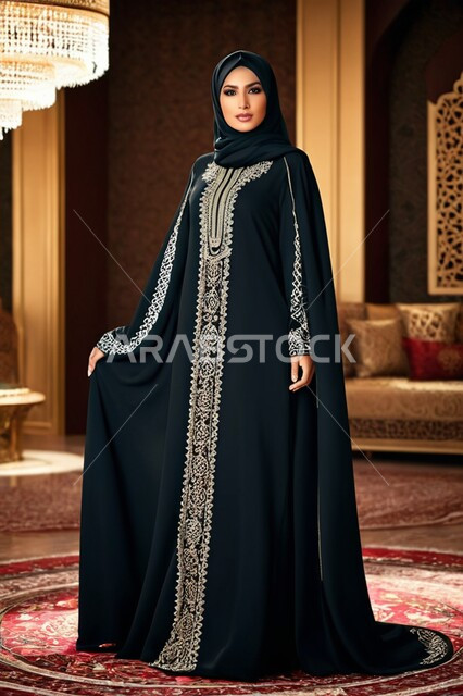 حجابات اسلامية راقية، الاهتمام بالمظهر الخارجي، مفهوم الأناقة والأنوثة، إمرأه عربية سعودية  ترتدي العباءة والحجاب تنظر الى الكاميرا بايماءات الجدية والثقة بالنفس، الأزياء العصرية التقليدية، موديلات خليجية بتصاميم متنوعة