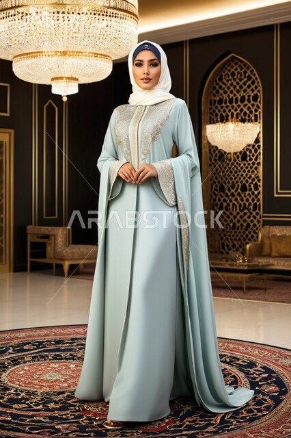 حجابات اسلامية راقية، الاهتمام بالمظهر الخارجي، مفهوم الأناقة والأنوثة، إمرأه عربية سعودية  ترتدي العباءة والحجاب تنظر الى الكاميرا بايماءات الجدية والثقة بالنفس، الأزياء العصرية التقليدية، موديلات خليجية بتصاميم متنوعة