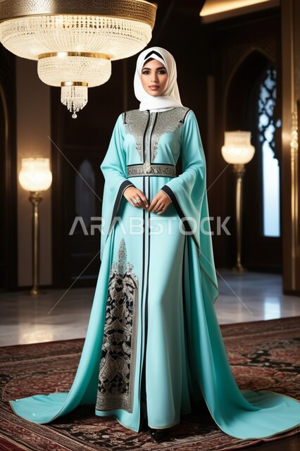 Classy Islamic veils, attention to external appearance, the concept of elegance and femininity, a Saudi Arab woman wearing the abaya and hijab looking at the camera with gestures of seriousness and self-confidence, traditional modern fashions, Gulf models with various designs.