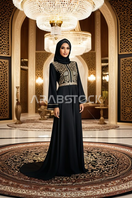 Classy Islamic veils, attention to external appearance, the concept of elegance and femininity, a Saudi Arab woman wearing the abaya and hijab looking at the camera with gestures of seriousness and self-confidence, traditional modern fashions, Gulf models with various designs.