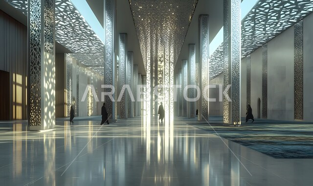 خلفية جدارية على الطراز المعماري الإسلامي، الفن الهندسي العصري الحديث، زخارف معمارية عربية مرسومة على شكل اقواس على جدار من الطوب للمسجد، زخارف ملونة على الطراز الاسلامي, تصاميم وديكورات دينية