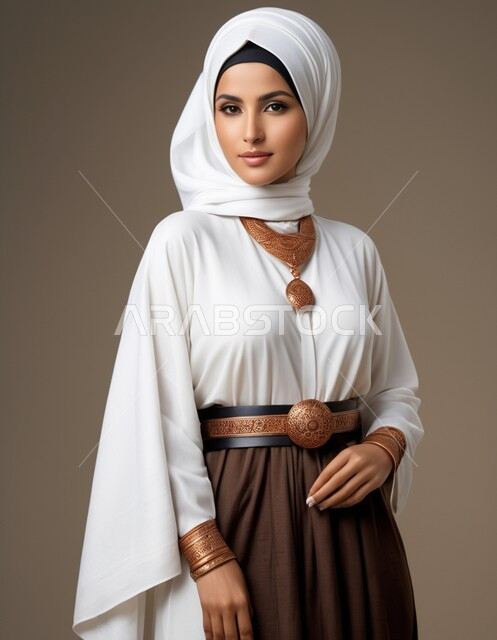 الرقي والأناقة والأنوثة الإسلامية،  الأزياء العصرية التقليدية، موديلات خليجية بتصاميم متنوعة، حجابات اسلامية مزخرفة، إمرأه عربية سعودية تنظر الى الكاميرا بايماءات الجدية والثقة بالنفس،  الاهتمام بالمظهر الخارجي