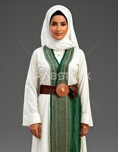 الرقي والأناقة والأنوثة الإسلامية،  الأزياء العصرية التقليدية، موديلات خليجية بتصاميم متنوعة، حجابات اسلامية مزخرفة، إمرأه عربية سعودية تنظر الى الكاميرا بايماءات الجدية والثقة بالنفس،  الاهتمام بالمظهر الخارجي