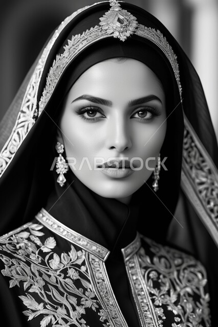 The concept of elegance and femininity,  Traditional modern fashions, Gulf models with various designs, elegant Islamic hijabs, a Saudi Arab woman wearing the abaya and hijab, looking at the camera with gestures of seriousness and self-confidence, paying attention to her external appearance.