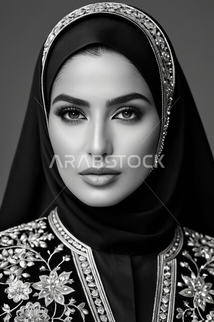 مفهوم الأناقة والأنوثة،  الأزياء العصرية التقليدية، موديلات خليجية بتصاميم متنوعة، حجابات اسلامية راقية، إمرأه عربية سعودية  ترتدي العباءة والحجاب تنظر الى الكاميرا بايماءات الجدية والثقة بالنفس،  الاهتمام بالمظهر الخارجي